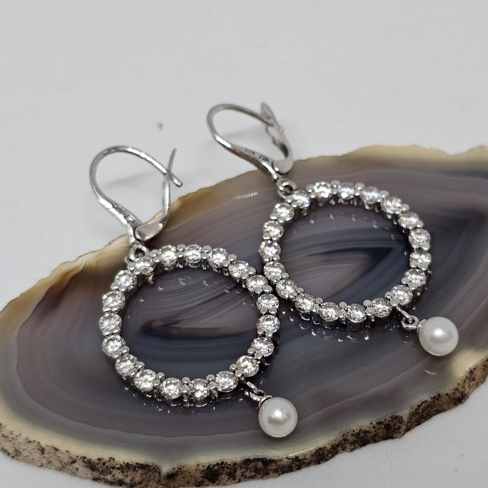Premier Designs 925 Sterling Silver CZ Crystal Pearl Dangle Earrings Circle